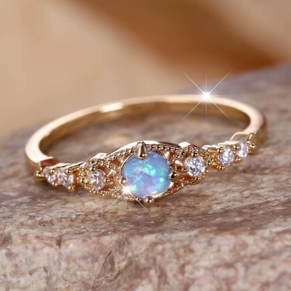 NEW 14k Gold Blue Fire Opal Ring Dainty Gold Diamond Ring Band